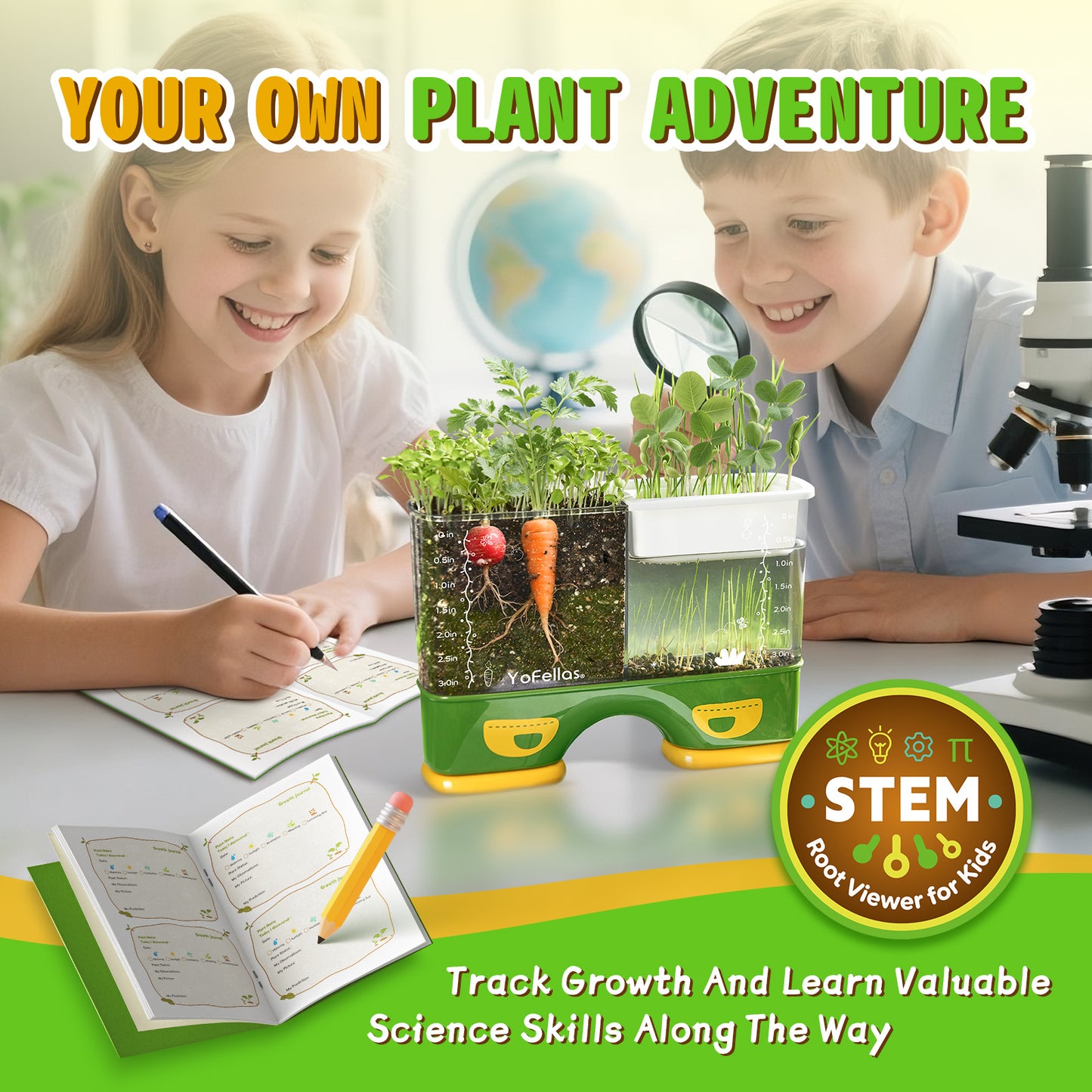 Kids Root Viewer & STEM Science Kit – Educational Plant Growing Set with Soil & Hydroponics, Transparent Observation Window, Growth Journal & Stickers – Gardening Gift for Kids Ages 6-12