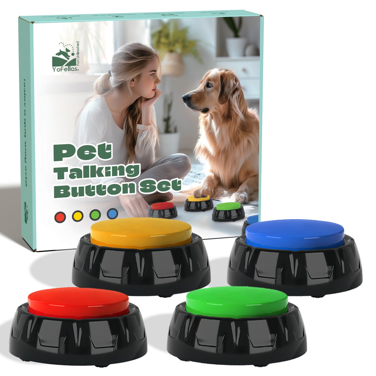 YoFellas Pet Communicator Button - 4 Pack | Interactive Voice Buttons for Dogs | Training & Communication Device with Customizable Recordings | Durable, Non-Slip Base | Multiple Colors
