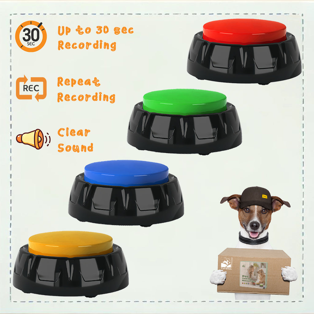 YoFellas Pet Communicator Button - 4 Pack | Interactive Voice Buttons for Dogs | Training & Communication Device with Customizable Recordings | Durable, Non-Slip Base | Multiple Colors