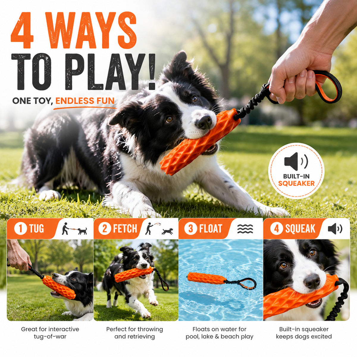 YoFellas Dog Tug Toy with Bungee Handle, Squeaker, Floating Fetch Stick