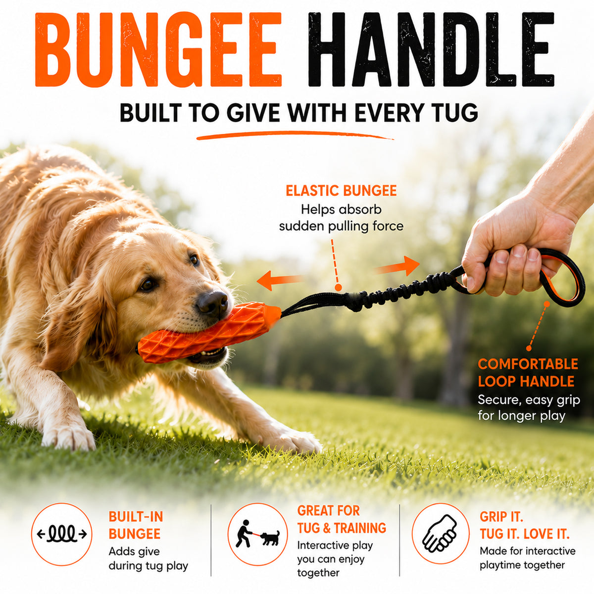 YoFellas Dog Tug Toy with Bungee Handle, Squeaker, Floating Fetch Stick