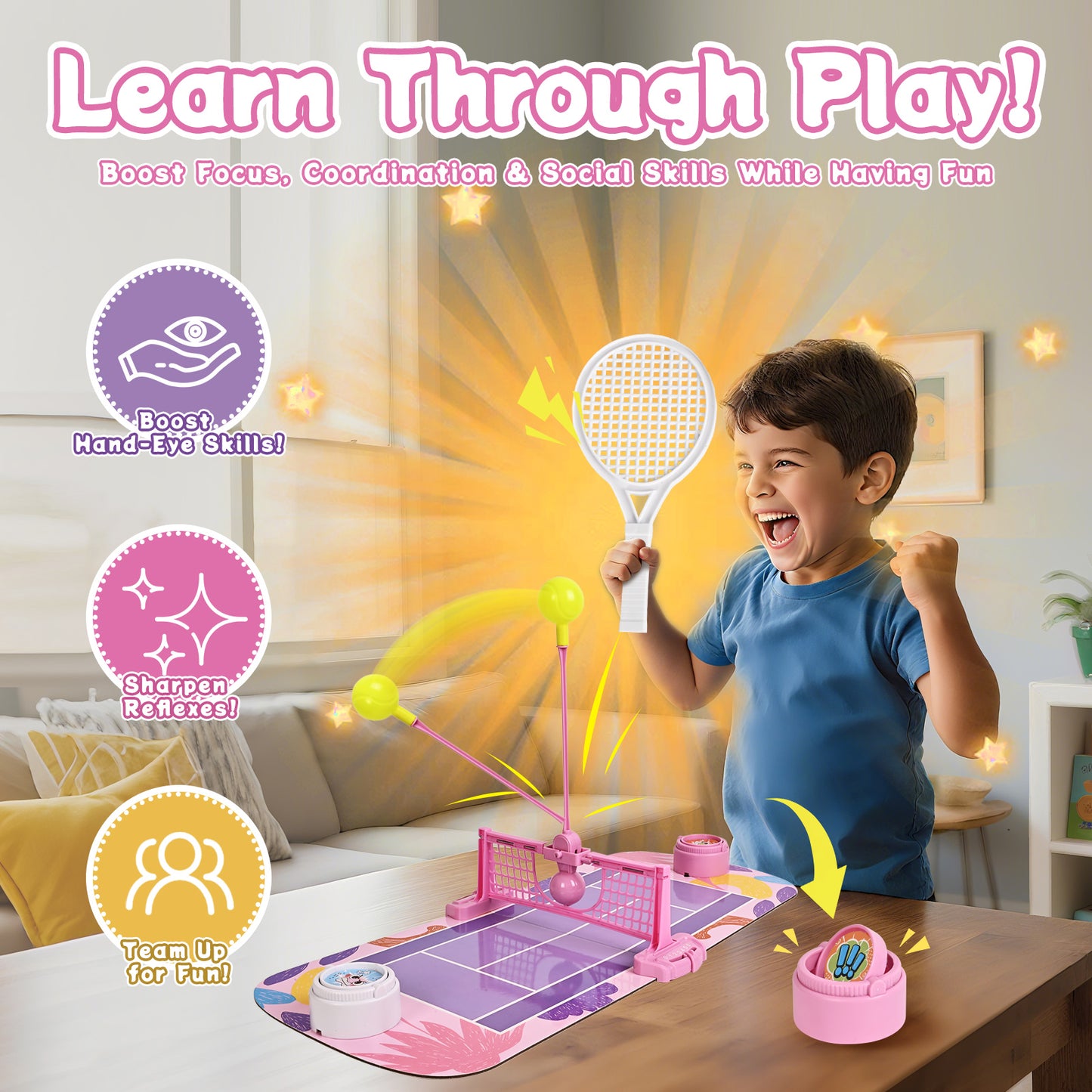 Tabletop Sports Battle Game for Kids – Pickleball & Tennis – Interactive 2-Player Game for Ages 3+ (Tennis Court Battle)