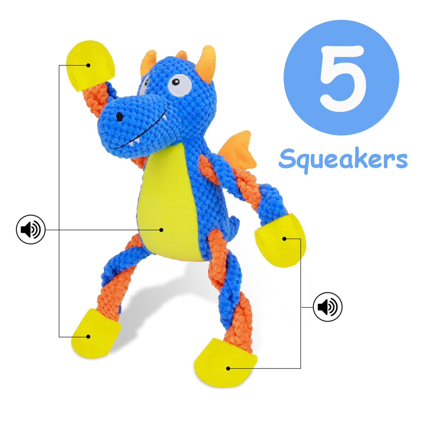 YoFellas Squeaky Dog Plush Toy - Durable Dinosaur Chew Toy for Aggressive Chewers, Interactive Tug-of-War Play & Training, 5 Squeakers for Small to Large Dogs, Perfect Dog Gift