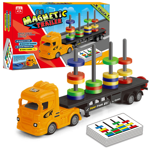 Magnetic Truck Stacking Game for Kids Ages 3+, STEM Learning Toy for Boys & Girls – Color Sorting & Coordination Puzzle with Magnetic Rings, Challenge Cards & Trailer Truck, Montessori Educational Gift